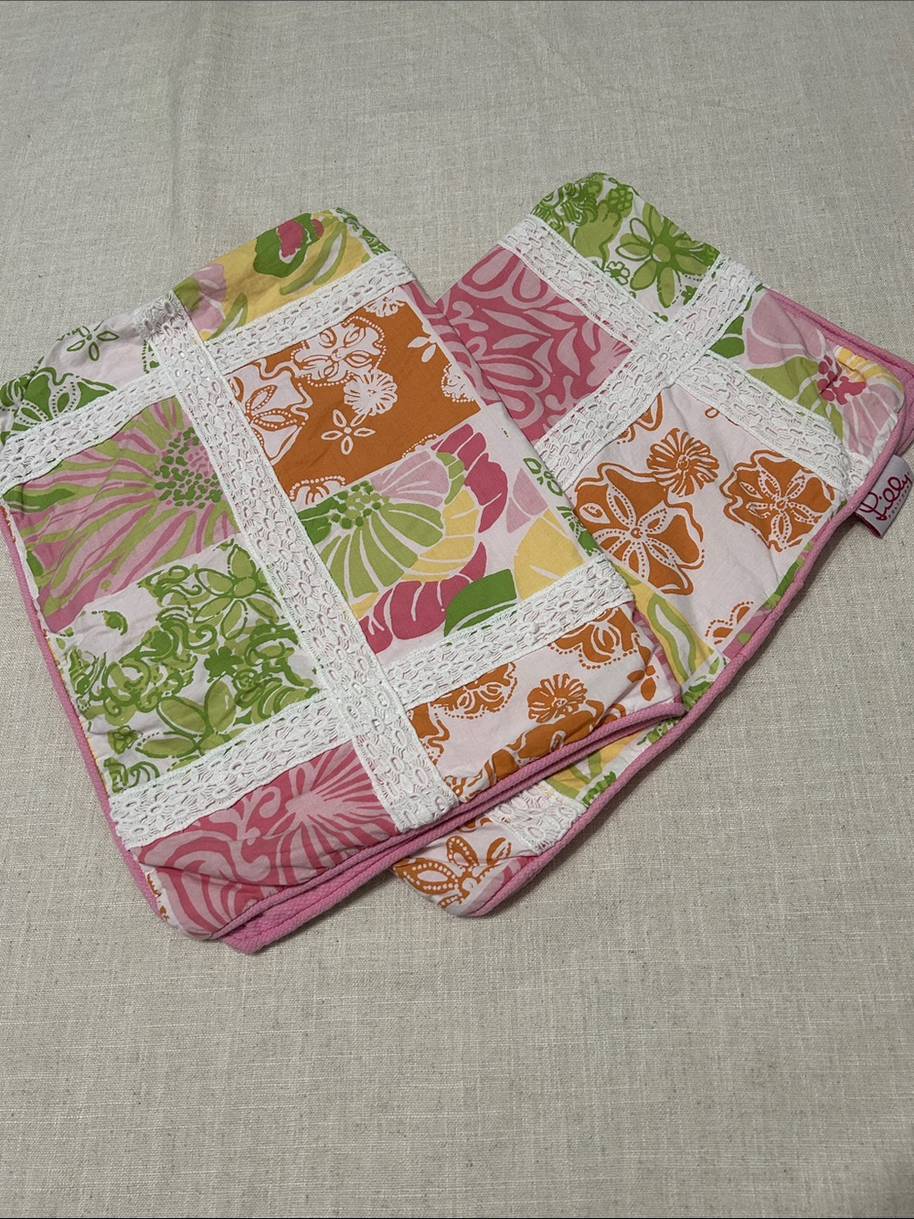 Lilly Pulitzer Patchwork Pillow Shams (2) Vibrant Pastel Floral With Lace Detail